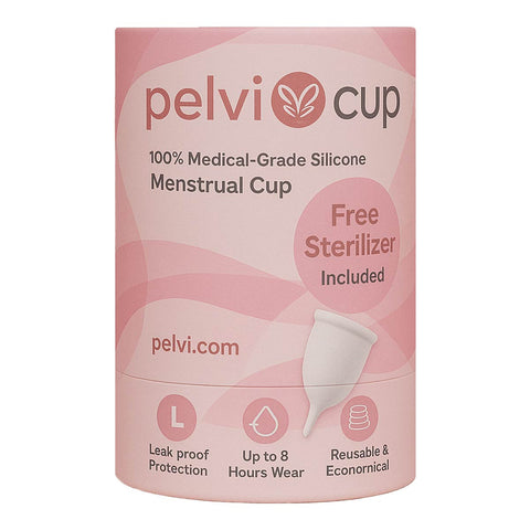 Pelvi Cup packaging with pink background and product details.