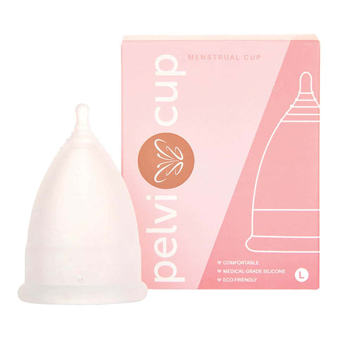 Menstrual cup with pink packaging featuring the brand 'pelvi' on a white background. Size large.