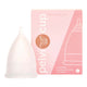 Menstrual cup with pink packaging featuring the brand 'pelvi' on a white background. Size large.