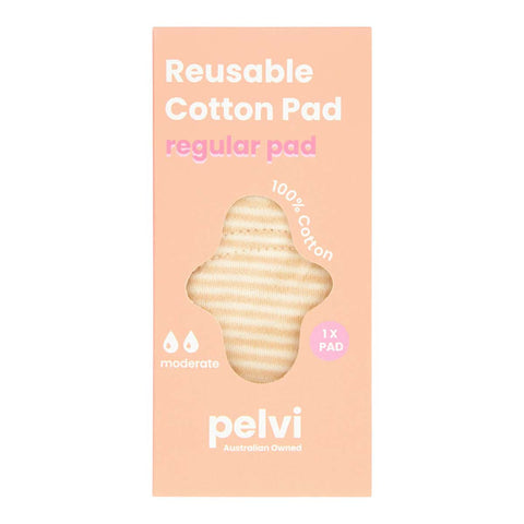 Pelvi Reusable Cotton Pad - Regular in orange & pink cardboard packaging. Moderate flow, absorbs up to 40ml. Australian owned company.