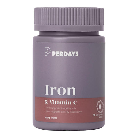 Bottle of iron & vitamin c tablets - purple and red design on a white background.