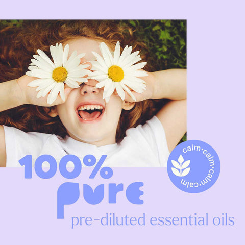 Child with daisies over eyes on a light purple background with '100% Pure' text and logo.