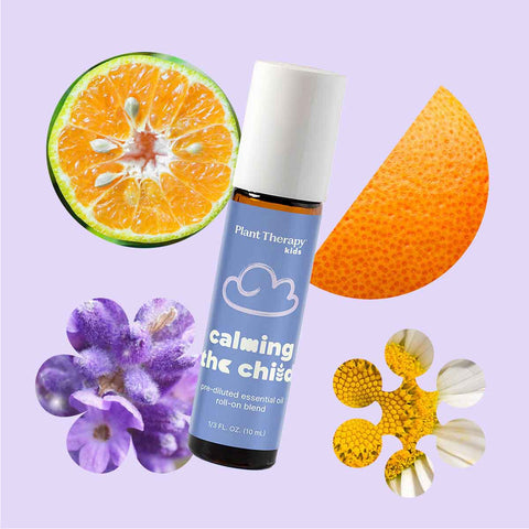Plant Therapy Kids calming the child essential oil roll-on blend with orange, lavender, and yellow flowers on a purple background.