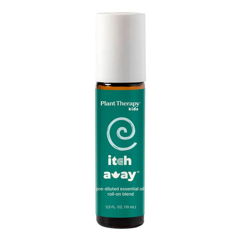 Plant Therapy Kids Itch Away essential oil bottle on a white background