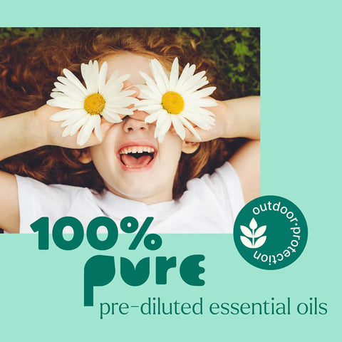 Child with daisies covering eyes on a light green background with '100% pure' text and logo.