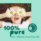 Child with daisies covering eyes on a light green background with '100% pure' text and logo.