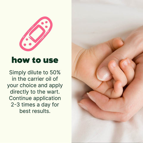 Instructions on how to use a topical treatment for warts, with a close-up of a mother holding her baby's hand.