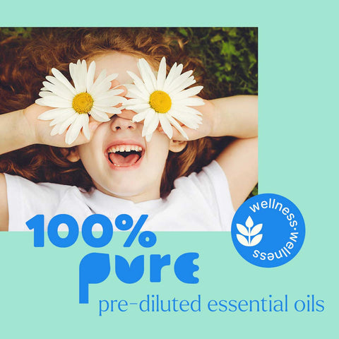 Child with daisies over eyes against a light blue background with '100% Pure' branding.