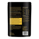 Back of a black packaging with text and nutrition information on a white background