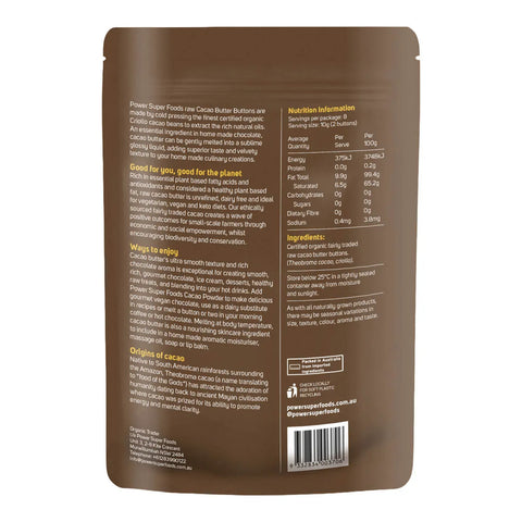 Back view of a brown package with text and nutrition information on a white background