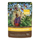Packaging of Power Super Foods Cacao Butter Buttons with a tropical design and person interacting with cacao trees.