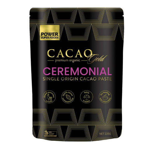 Cacao Gold Ceremonial Single Origin Cacao Paste 225g packaging on a white background. 