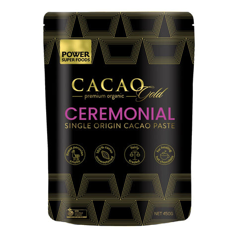 Cacao Gold Ceremonial Single Origin Cacao Paste 450g packaging on a white background.