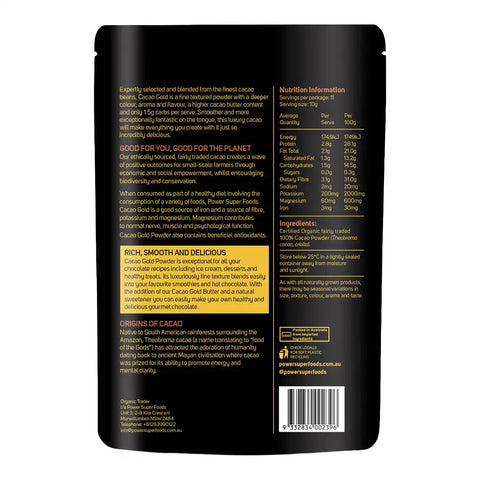 Back of a Cacao Gold packaging with text, nutrition information, and barcode.