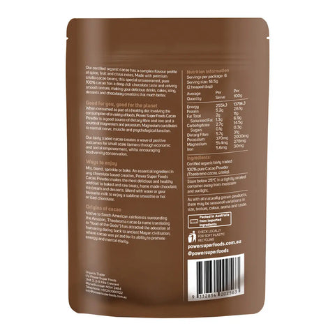 Back of 125g pouch of cacao powder with ingredients, nutritional information, and more.
