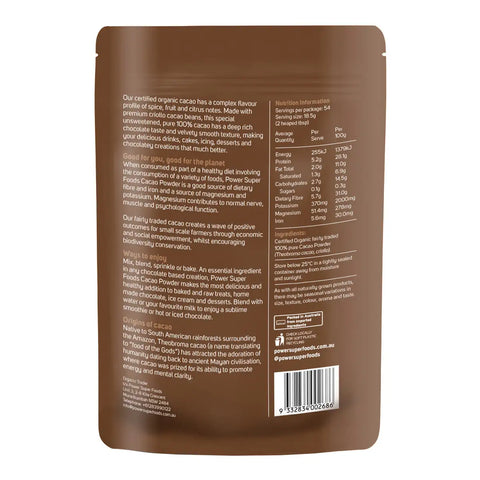 Back of 1kg pouch of Power Super Foods Cacao Powder showing ingredients, nutritional information and more.