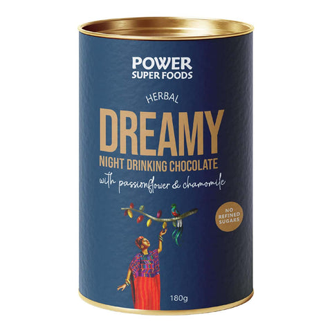 Blue cylindrical container of Power Super Foods Herbal Dreamy Night Drinking Chocolate 180g on a white background.