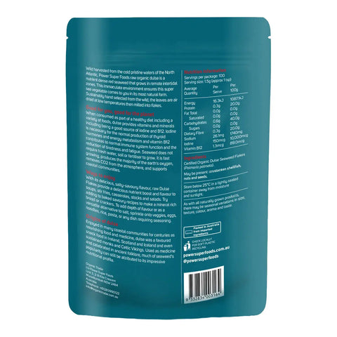Back of Power Super Foods Dulse Flakes with product benefits, nutrition information, ingredients & ways to enjoy.