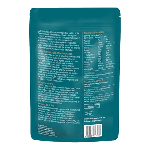 Back of Power Super Foods Dulse Flakes 40g pouch showing product benefits, ways to enjoy, along with nutritional information, ingredients and allergen advice.