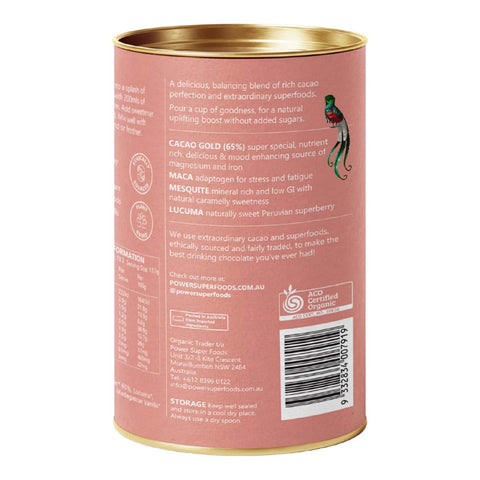 Back of a pink canister of Power Super Foods Organic Nourish Drinking Chocolate 180g with gold lid containing text & branding on a white background.
