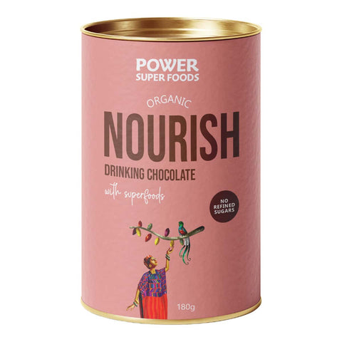Pink canister of Power Super Foods Organic Nourish Drinking Chocolate 180g on a white background.