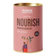 Pink canister of Power Super Foods Organic Nourish Drinking Chocolate 180g on a white background.