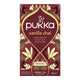 Pukka Vanilla Chai tea box with floral design on a white background.