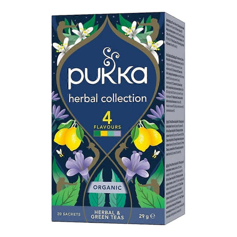 Pukka herbal collection tea box with lemon & flower graphics on a white background.