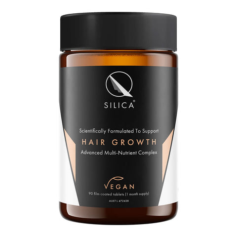 Jar of QSilica hair growth supplement 90 tablets on a white background.