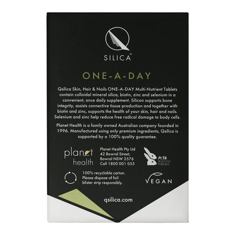 Back of Qsilica One-A-Day supplement packaging with branding and product details.
