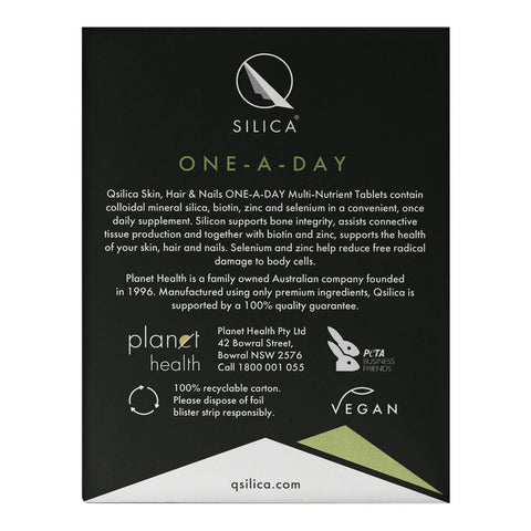 Back of Qsilica One-A-Day supplement packaging with branding and product details.