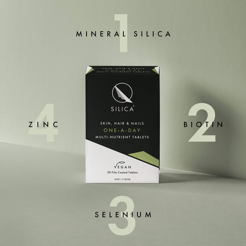 Qsilica supplement box with key nutrients listed on a neutral background.