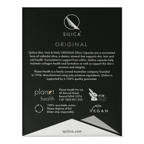 Back of Qsilica supplement packaging with brand information on a white background.