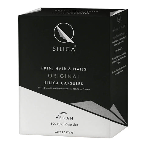 Qsilica Skin, Hair & Nails Original Silica Capsules box on a white background.