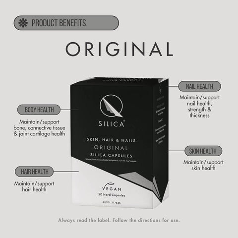 Qsilica Skin, Hair & Nails supplement packaging with product benefits listed.