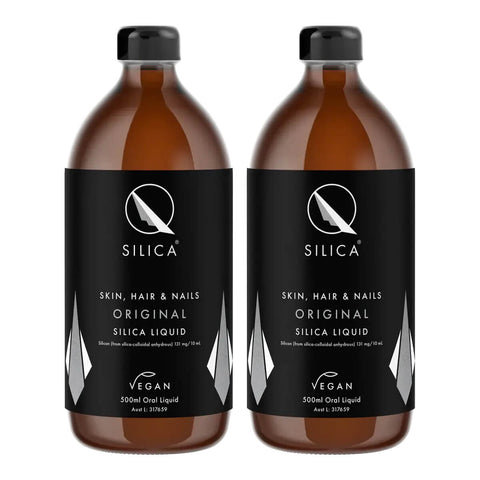 Two bottles of Qsilica Skin, Hair & Nails Original Silica Liquid on a white background.