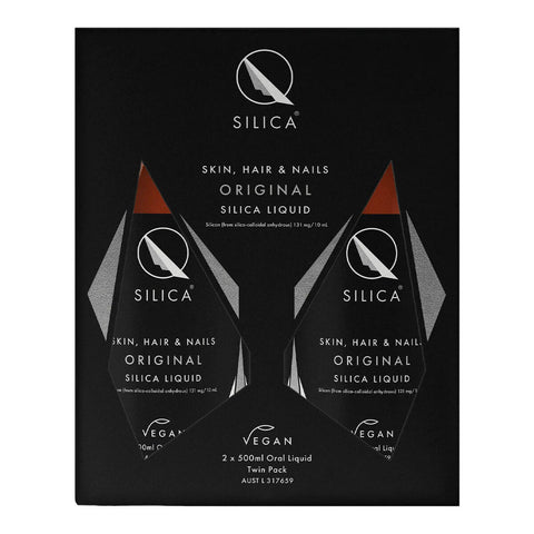 Qsilica Skin, Hair & Nails supplement packaging on a white background.