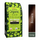 Organic hair color package with brown hair sample and packaging details.