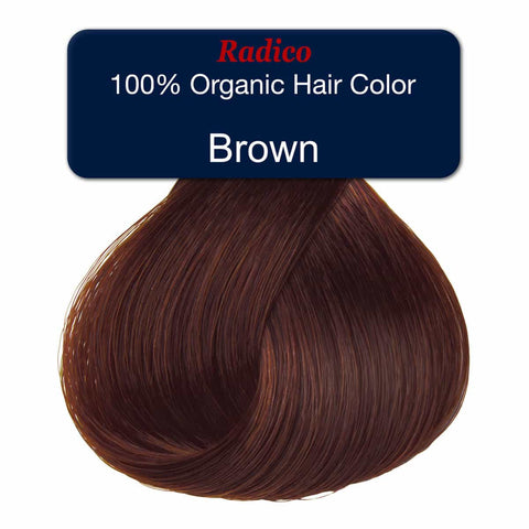 Brown hair color swatch with Radico branding on a white background.