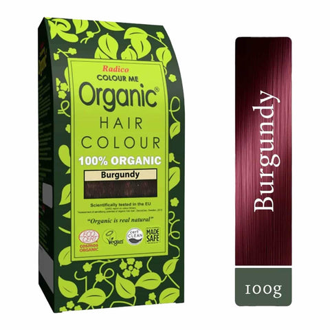 Organic hair color packaging with burgundy color swatch on a white background.