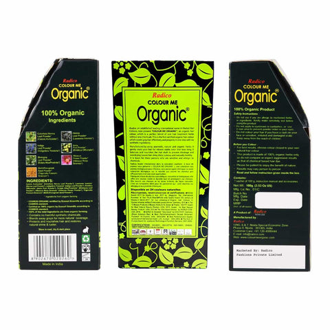 Three views of a 'Radico Colour Me Organic' product packaging on a white background.