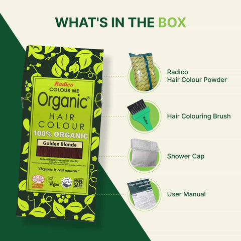 Radico Colour Me Organic hair color packaging with product details on a green and white background.