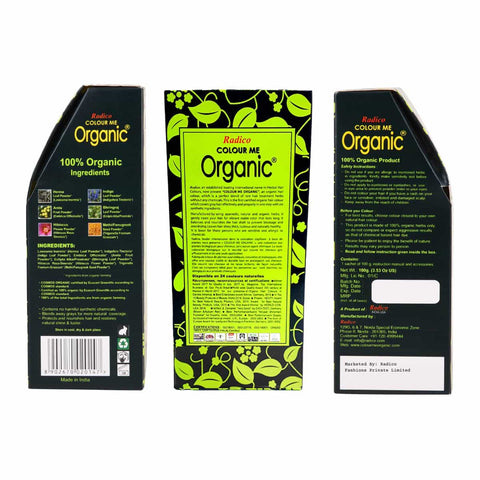 Three views of an organic product packaging with green and black design.
