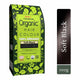 Organic hair color package with green label and black hair sample on a white background.