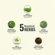 List of five beneficial herbs with images and names on a beige background.