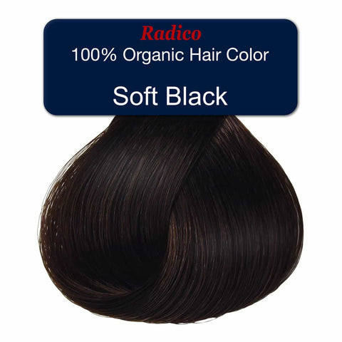 Radico 100% Organic Hair Color Soft Black on a white background.