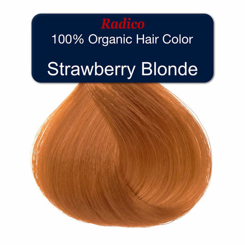 Strawberry blonde hair color with Radico branding on a white background.