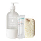 Set of resparkle natural dish wash products including a bottle, sachets, and a sponge on a white background.