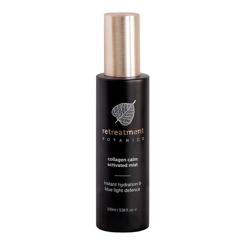 Black bottle of Retreatment Botanics Collagen Calm Activated Mist 100ml on a white background.