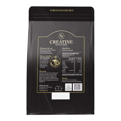 Black package with gold text and branding, featuring a label for creatine monohydrate.
